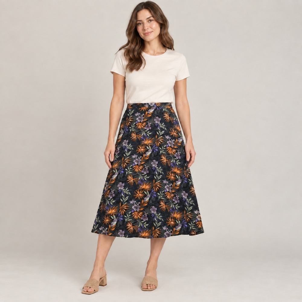 Sag Harbor‎ Midi Skirt Womens M Black Tropical Floral Rayon A-Line Resort